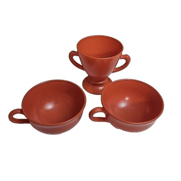 Hazel Atlas Ovide rust vintage set 2 cups w/ open sugar bowl - Picture 2 of 7
